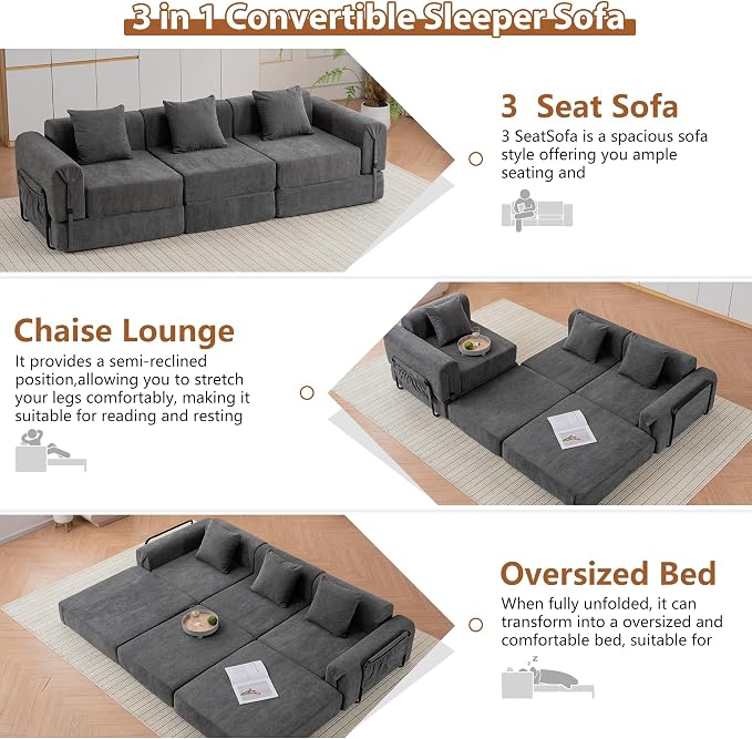 Cloud Modular Sectional Sofa, Foldable Floor Couch Bed, Convertible Sleeper Sofa Bed, Fold Out Boneless Couches for Living Room, Office, Guest Room, Apartment (3 Seater Couch, Grey)