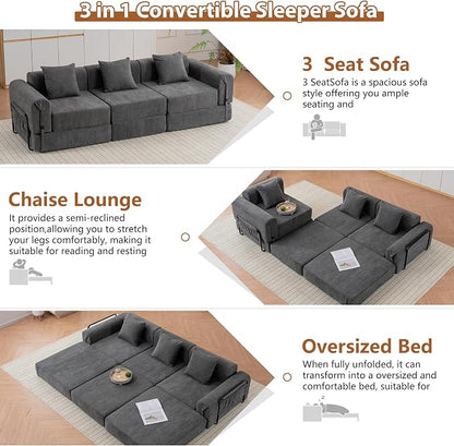 Cloud Modular Sectional Sofa, Foldable Floor Couch Bed, Convertible Sleeper Sofa Bed, Fold Out Boneless Couches for Living Room, Office, Guest Room, Apartment (3 Seater Couch, Grey)