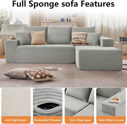 96" Modular Sectional Sofa, Modern Corduroy Cloud Couch with Deep Seat, Boneless Couch Upholstered 3-Seater L-Shaped Sofa for Living Room, No Assembly Required (Light Gray, Right-Facing Chaise)
