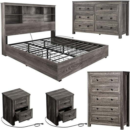 LUXOAK 5-Piece Bedroom Set, 1 X King Size Bed Frame, 2 X Nightstand Set with Charging Station, 1 X 5 Wood Drawer Dresser, 1 X Wood Rustic 6 Drawer Storage Dresser, Farmhouse Bedroom Furniture, Grey