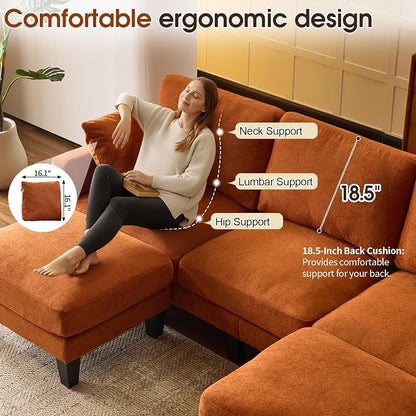 VINGLI 100" W U Shaped Couch with Ottoman, 22" Deep Seat Comfortable Sectional Couches for Living Room, 3 Seater Chenille Fabric Cloud Sofa for Apartment, Small Spaces, Bedroom, Orange