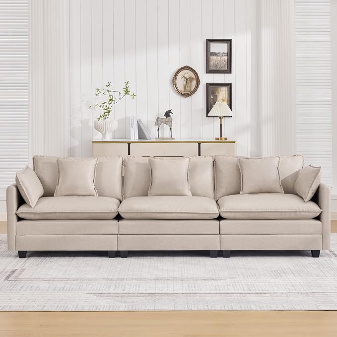 111'' Sectional Cloud Deep Seat Couch, Modern Comfy Leather Modular Sectional Sofa for Living Room Set, Upholstered Modular 3-Seats Sofa Couch, Leather Beige