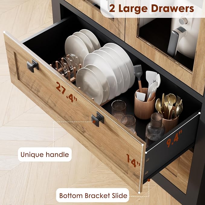 71" Tall Kitchen Pantry Cabinet - Modern Display Storage Cabinet with 2 Large Drawers, Glass Doors, and Adjustable Shelves, Kitchen Cupboard for Dining Room, Bathroom, Living Room, Black + Brown