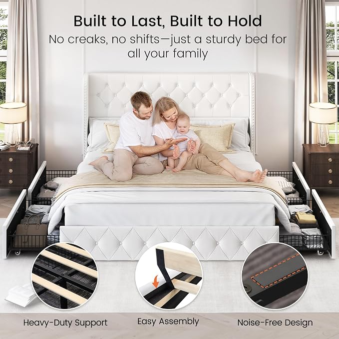 LARMACE King Size Bed Frame with 4 Storage Drawers and 47.2" Tall Wingback Headboard Velvet Upholstered Platform Bed Frame Tufted Beds with Wooden Slats Support, Easy Assembly, White