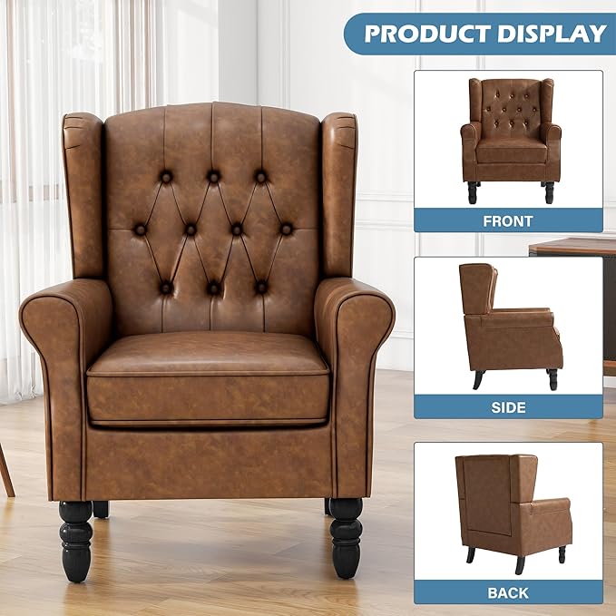 Faux Leather High Back Accent Chairs Set of 2, Leather Upholstered Armchair Wingback Chair for Living Room, Comfy Single Sofa Bedroom Reading Seat with Solid Wood Legs, Brown