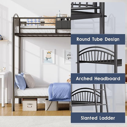 Decofy Metal Bunk Bed Twin Over Twin with Storage Bag, 2 Twin Size Beds with Safety Guard Rails and Anti-tip Nails for Teenager，Girls or Boys （Black） | Convertible Ladder