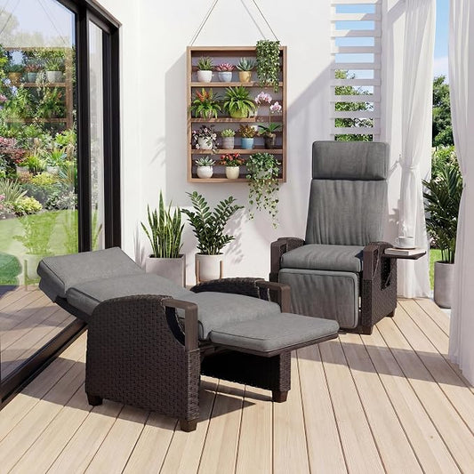 Grand patio Outdoor Recliner Air Pump 150° Lay Flat Reclining Chair with Independent Adjustable Back and Footrest Removable Olefin Cushion Flip-Up Table Wicker Grey 2PCS