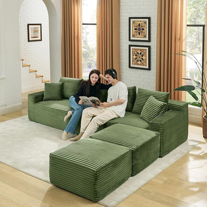 115" U-Shaped Cloud Sectional Couch, Front Facing Modular Compressed Boneless Sectional Sofa with Chaise Lounges and Console, Plush Corduroy Boneless Symmetrical Sofa