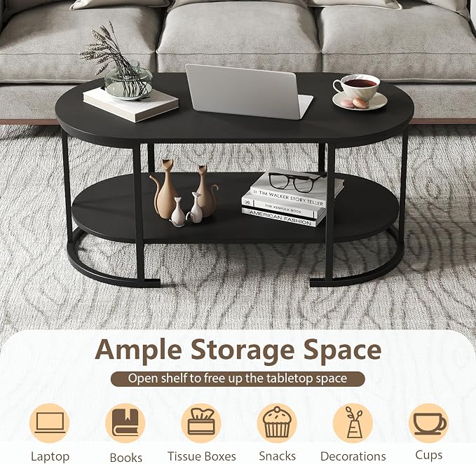 Giantex 2-Tier Coffee Table, Oval Center Table with Wood Grain Top & Open Storage Shelf, Modern Accent Table with Heavy Duty Metal Frame, Cocktail Table for Living Room Reception (Black)