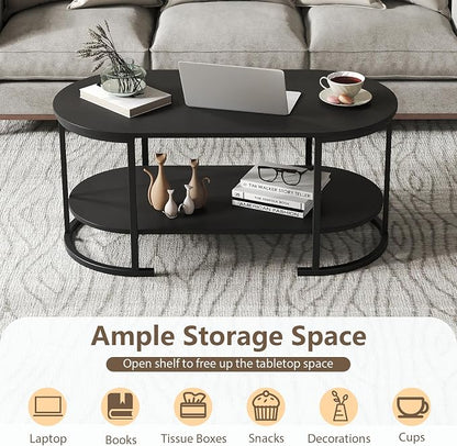 Giantex 2-Tier Coffee Table, Oval Center Table with Wood Grain Top & Open Storage Shelf, Modern Accent Table with Heavy Duty Metal Frame, Cocktail Table for Living Room Reception (Black)
