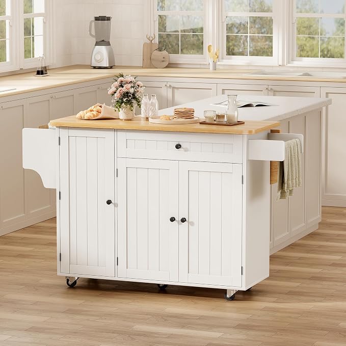 GRUSIGN Kitchen Island with Storage, 41.7" Rolling Cart with Drop Leaf, Portable Island Table on Wheels, Spice Rack, Towel Rack and Drawer, White, 41.7" L x 29.5" W