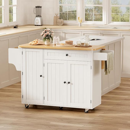 GRUSIGN Kitchen Island with Storage, 41.7" Rolling Cart with Drop Leaf, Portable Island Table on Wheels, Spice Rack, Towel Rack and Drawer, White, 41.7" L x 29.5" W