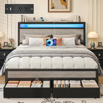 Fluest Queen Bed Frame,Queen Bed Frame with Storage Headboard & 2 Storage Drawer, Charging Station & LED Light, No Box Spring Needed, Noise Free, Easy Assembly, Rustic Grey