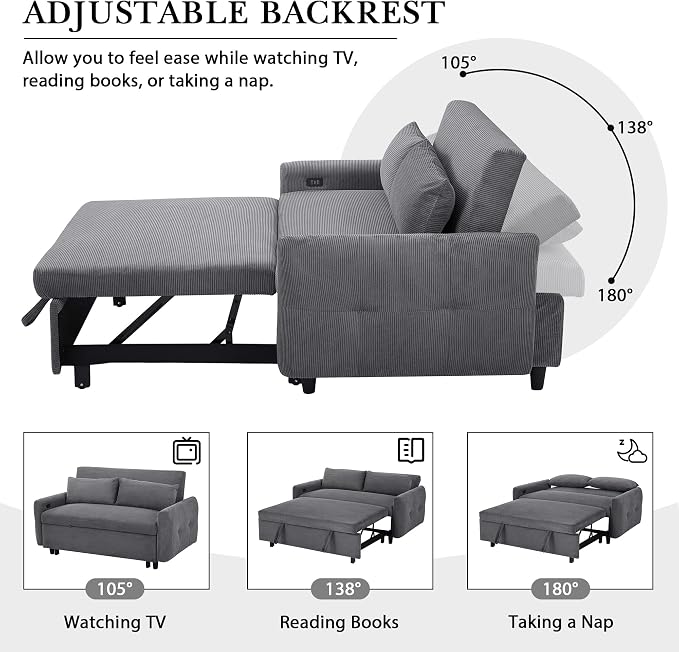 ERYE 57.5-Inch Loveseat Sofa with Pull Out Sleeper Couch Bed, Comfy Corduroy Upholstered Love Seat Sofa Convertible Sleeper Sofabed,Lounge Recliner Chaise Daybed | USB Charging Ports