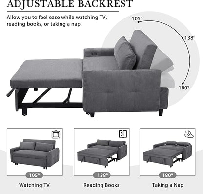 ERYE 57.5-Inch Loveseat Sofa with Pull Out Sleeper Couch Bed, Comfy Corduroy Upholstered Love Seat Sofa Convertible Sleeper Sofabed,Lounge Recliner Chaise Daybed | USB Charging Ports