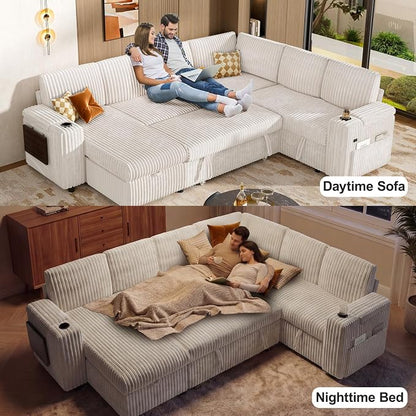 Vipbear 111" Modular Sectional Sleeper Sofa with Pull Out Bed, 7 Seat Plush Corduroy L Shaped Couch with Storage Chaise|USB Ports|Cup Holders|Side Table|Storage Armrests, Tool Free Assembly, Beige