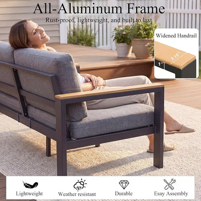 2 PCS Single Seat Aluminum Patio Chairs, Outdoor Furniture with 1.5mm Thick Powder-Coated Frame, Water Repellent Removable Cushions, Lightweight Single Chairs for Balcony Porch Backyard
