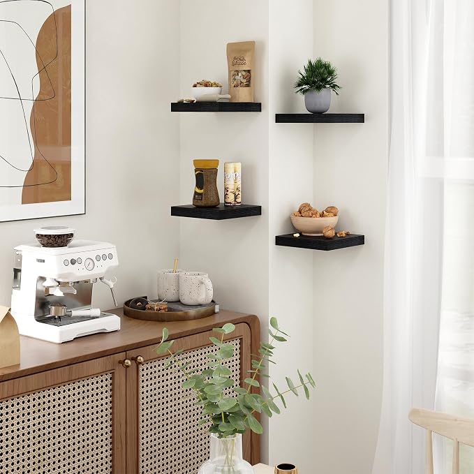 Fun Memories Floating Shelves for Wall - 7.5 Inch Square Shelves with Invisible Brackets, Black Small Wall Shelf for Living Room, Bathroom, Bedroom, and Kitchen Decor Black Set of 3