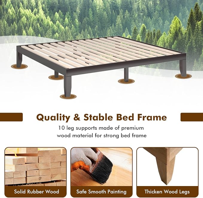 COSTWAY King Size Platform Bed Frame, 14 Inches Solid Rubber Wood Bed Mattress Foundation with Sturdy Slats Support, Easy Assembly Bed Frame for Home Hotel, No Box Spring Needed (Espresso, King)