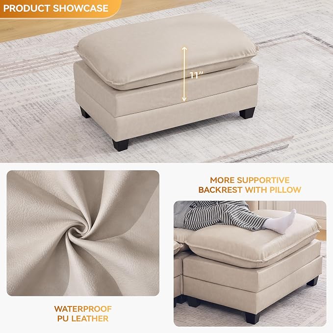 WUTUTUEE 35'' Modern Leather Cloud Sofa Ottoman,Rectangle Ottoman for Modular Sectional Sofa, Leather Beige