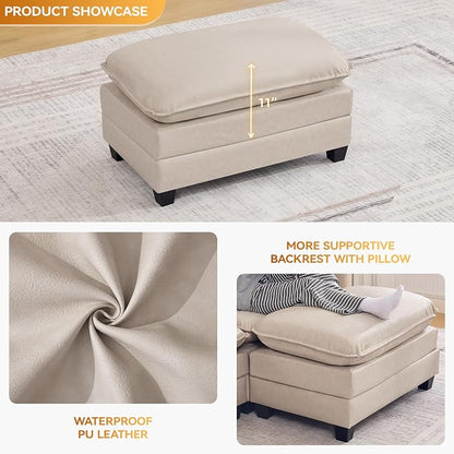 WUTUTUEE 35'' Modern Leather Cloud Sofa Ottoman,Rectangle Ottoman for Modular Sectional Sofa, Leather Beige