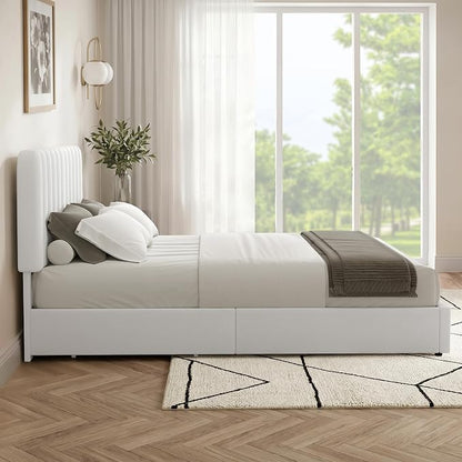 VECELO Queen Size Upholstered Bed Frame with 4 Drawers and Headboard, Velvet Platform Storage Bedframe, Wooden Slats Support, No Box Spring Needed,Snow-White