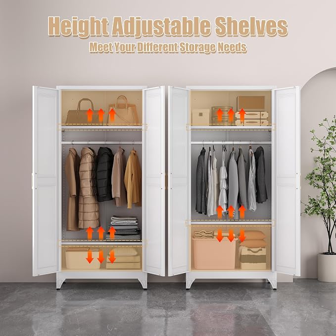 Armoire Wardrobe Closet with Hanging Rod, 71" Tall Metal Clothes Storage Cabinet with Doors and Adjustable Shelves, White Wardrobe Cabinet, Steel Closet for Bedroom, Bathroom, Office, School