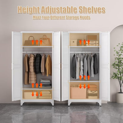 Armoire Wardrobe Closet with Hanging Rod, 71" Tall Metal Clothes Storage Cabinet with Doors and Adjustable Shelves, White Wardrobe Cabinet, Steel Closet for Bedroom, Bathroom, Office, School