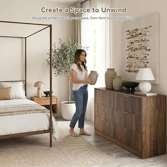 Walnut 6 Drawer Dresser for Bedroom, 55" Wide Fluted Chest of Drawers with Gold Metal Handles, Wood Dresser Storage Organizer Mid Century TV Stand for Living Room Closet Hallway