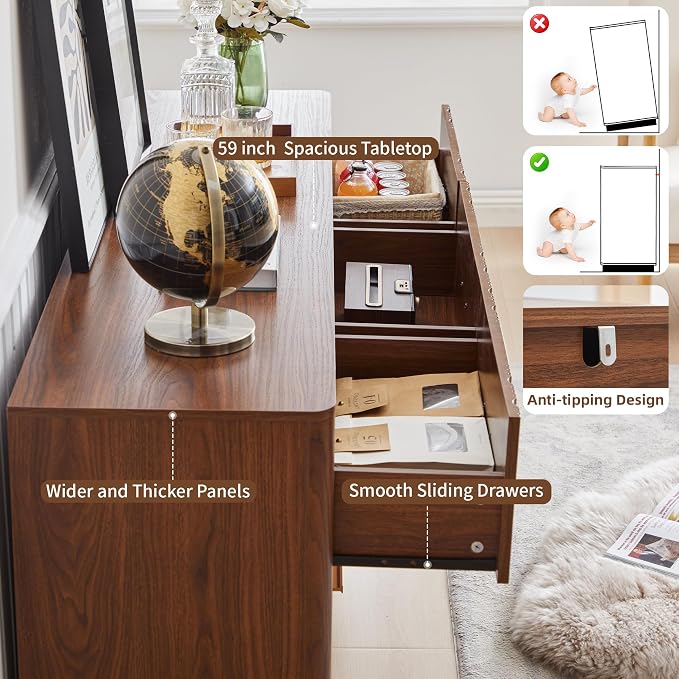 Fluted Dresser for Bedroom with 9 Drawers, 59" Wide Mid Century Modern Chest of Drawers, Wooden Dresser TV Stand, Wood Closet Clothes Storage Organizer for Living Room Hallway, Walnut