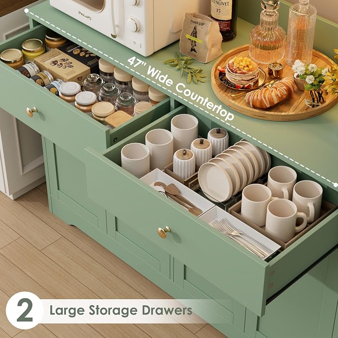HIFIT 71" LED Kitchen Pantry Cabinet with Power Outlet, Large Kitchen Hutch Cabinet with 2 Storage Drawers & Arched Door, Countertop & Hooks, Tall China Bar for Dining Living Room (Green)