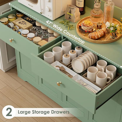 HIFIT 71" LED Kitchen Pantry Cabinet with Power Outlet, Large Kitchen Hutch Cabinet with 2 Storage Drawers & Arched Door, Countertop & Hooks, Tall China Bar for Dining Living Room (Green)