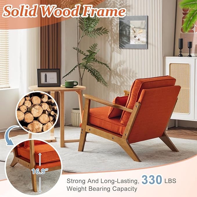 Vingli Solid Wood Wide Armrests Accent Chair Set of 2,Upholstered Mid Century Modern Chair with Pillow,Farmhouse Arm Chair Comfy Reading Chair,Chairs Living Room,Bedroom,Guest Room,Linen Fabric,Orange