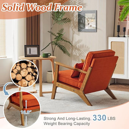 Vingli Solid Wood Wide Armrests Accent Chair Set of 2,Upholstered Mid Century Modern Chair with Pillow,Farmhouse Arm Chair Comfy Reading Chair,Chairs Living Room,Bedroom,Guest Room,Linen Fabric,Orange