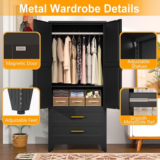 Ckzbx 71" H Metal Armoire Wardrobe Closet with Mirror, Adjustable Shelve, Clothes Drying Pole, Steel Wardrobe Cabinet for Bedroom (Black 2 Drawers)