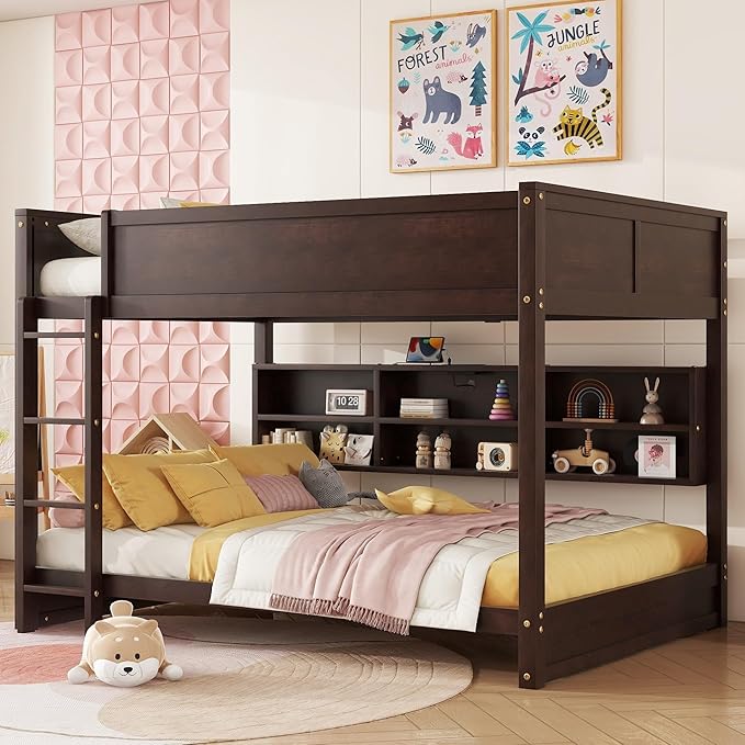 RUNNA Unique Queen Over Queen Bunk Bed with Storage&Charging Station,Brwon | Queen Over Queen Bunk Bed with Storage&Charging Station,Space-Saving Design Solid Wood Bunk Bed for Adults/Teens