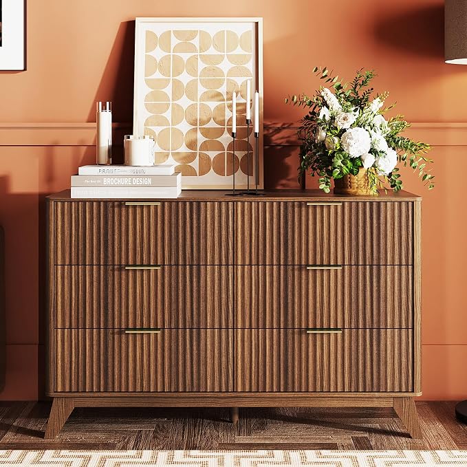 VINGLI Fluted Walnut Dresser 6 Drawer, Dark Brown Wood Dresser with Rounded Edges, Mid Century Modern Walnut Dressers for Bedroom, 46.8" W*15.5" D*31" H