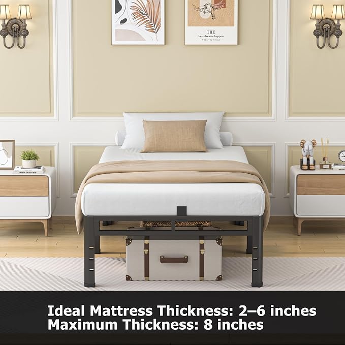 NKZ 24 Inch Twin Size Bed Frame, Metal Bed Frame & Box Spring 2 in 1 Platform with Round Corner Legs, 4000Lbs Heavy Duty Metal Frame, Mattress Slide Stopper, Headboard Hole, Noise-Free, Easy Assembly