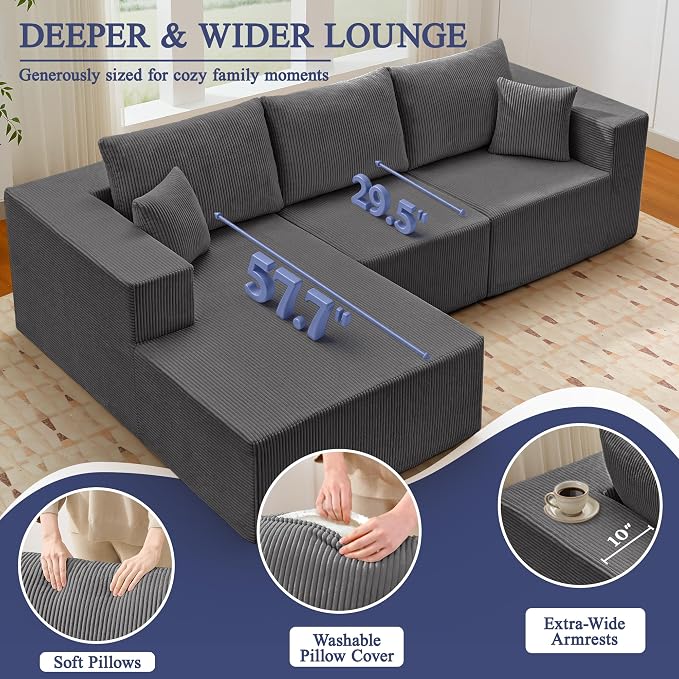 Modular Sectional Sofa for Living Room, 108" Cloud Couch Sectional with L-Shape Chaise, Modern Upholstered Corduroy Boneless Couch with Memory Foam Deep Seat, No Assembly Required (Grey)