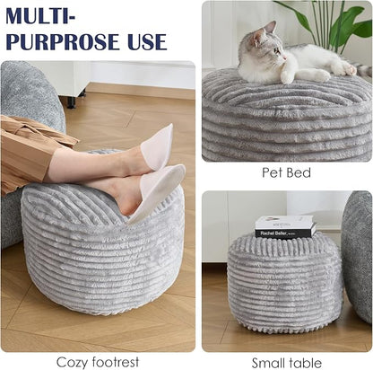 SHOUREN Stuffed Round Ottoman,Corduroy Pouf Ottoman Foot Rest with Foam Filling,Pouf Storage Ottoman Footstool for Living Room,18 X 14 Floor Poufs for Couch,Footrest Only - 18 X 14 Inches,Light Grey