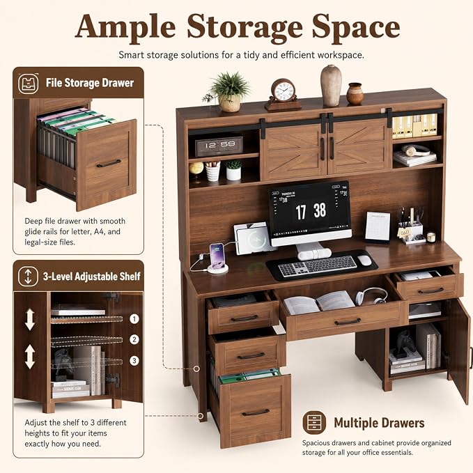 LUMISOL Farmhouse Executive Desk with Hutch and Charging Station, Computer Desk with 2 Sliding Barn Doors, 5 Drawers and Storage Cabinet with 3-Position Adjustable Shelf, Walnut