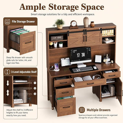 LUMISOL Farmhouse Executive Desk with Hutch and Charging Station, Computer Desk with 2 Sliding Barn Doors, 5 Drawers and Storage Cabinet with 3-Position Adjustable Shelf, Walnut
