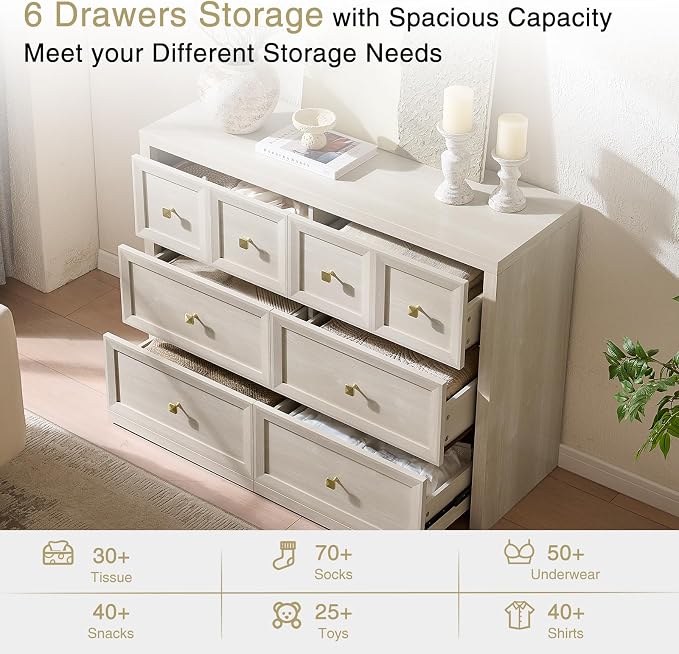 6 Drawers Dresser for Bedroom-46.5" Wide Wooden Chest of Drawers with Large Storage, Long Dresser TV Stand with Drawers, Farmhouse Closet Dressers for Living Room Bedroom, Grey White