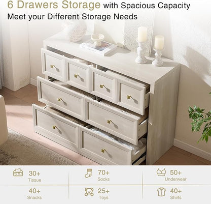 6 Drawers Dresser for Bedroom-46.5" Wide Wooden Chest of Drawers with Large Storage, Long Dresser TV Stand with Drawers, Farmhouse Closet Dressers for Living Room Bedroom, Grey White