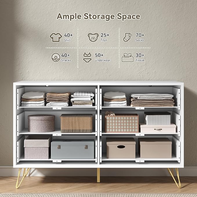 White 6 Drawer Dresser with Golden Handle, Fluted Wood Dressers, Modern Chest for Bedroom, Living Room, Hallway, Entryway