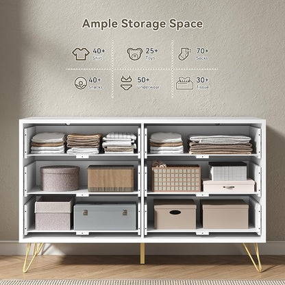 White 6 Drawer Dresser with Golden Handle, Fluted Wood Dressers, Modern Chest for Bedroom, Living Room, Hallway, Entryway