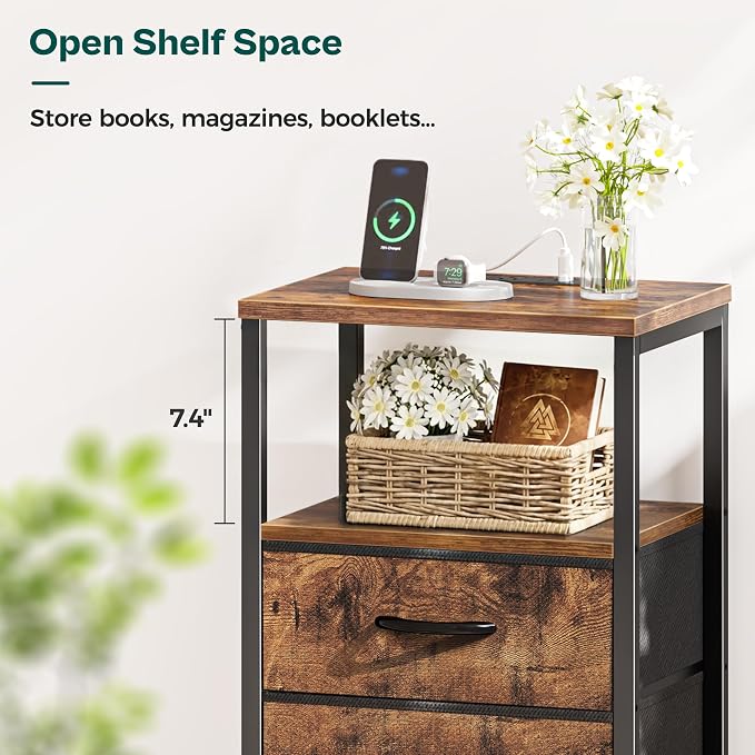 Huuger Nightstands Set of 2, End Tables with Charging Station, Fabric Drawers, Bedside Tables with USB Ports and Outlets, Night Stands for Bedroom, Rustic Brown