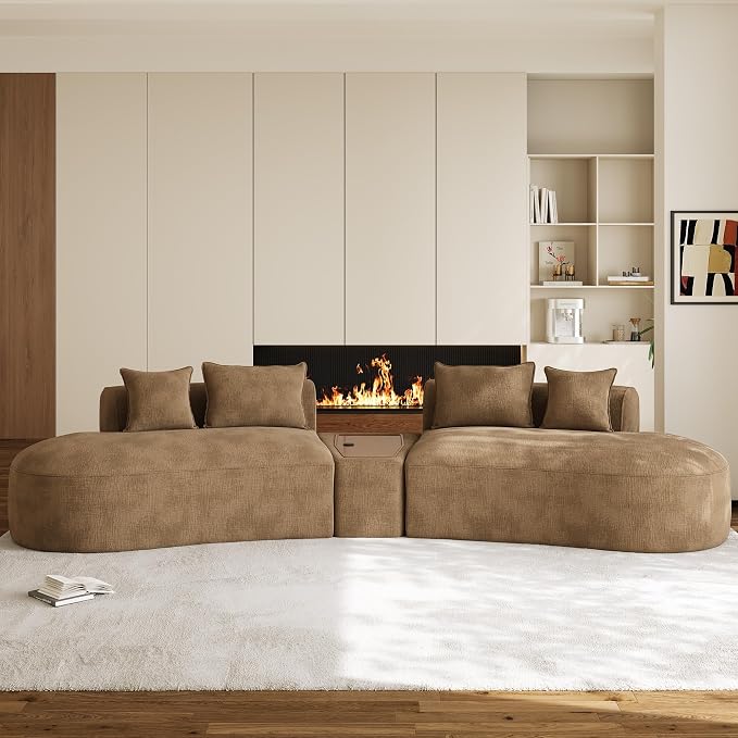 153.3" Oversized Curved Sectional Sofa, Luxury Chenille Cloud Couch for Living Room, Large Modern Modular Deep Seat Sofa with Movable Coffee Table & USB, No Assembly Needed, Brown