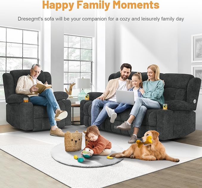 Dresegmt Loveseat Recliner Sofa Set, Flip Middle Backrest Design 3 Seater Reclining Sofa and Single Oversized Recliner Chair, Manual Couches for Living Room/RV (Gray, 3+1)