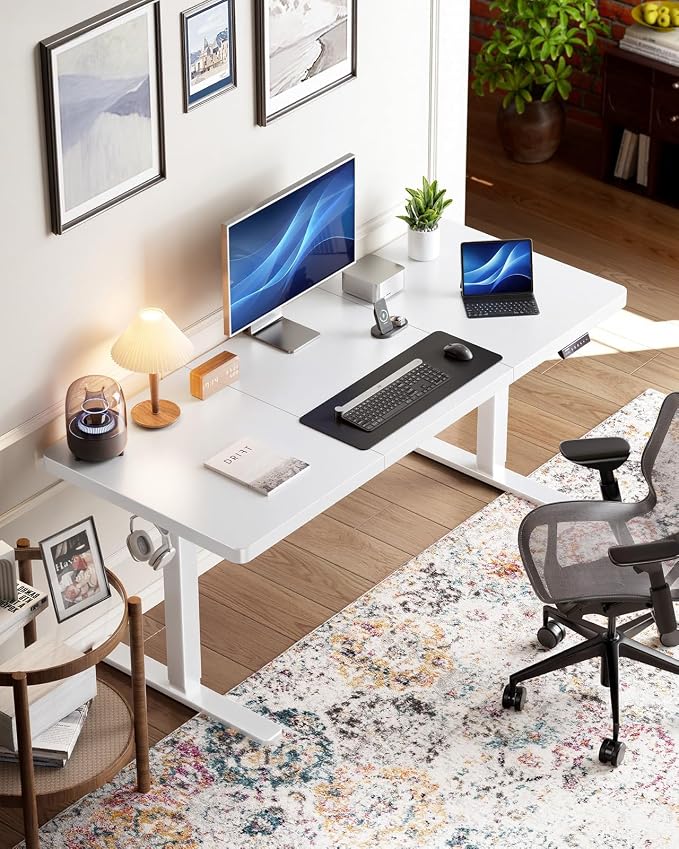 HUANUO 60 x 30 inch Large Standing Desk, Powerful Brushless Motor Large Height Adjustable Table, 4 Memory Preset Stand Up Work Station Sit Stand Desk, Home Office with Thick T-Shaped Frame,White